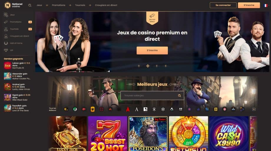 National Casino platform screenshot showing game lobby and bonus offers