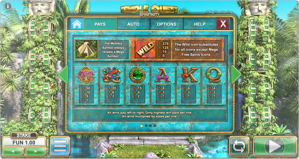 image des symboles et gain du jeu  Temple Quest Spinfinity