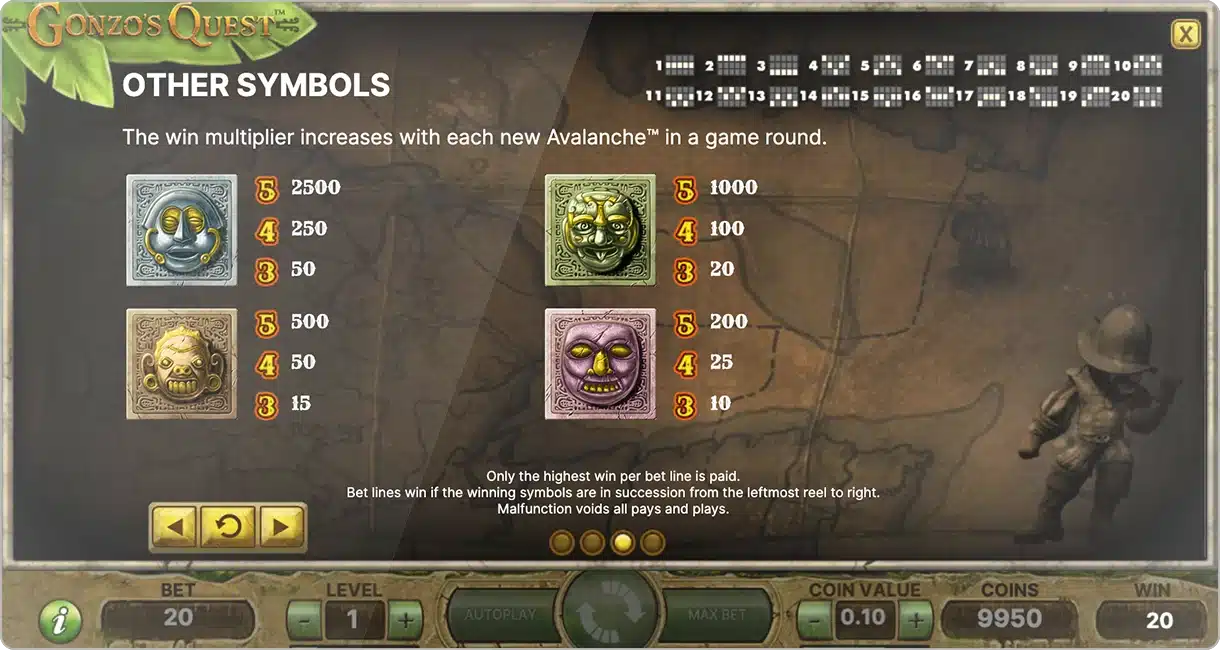 Paytable Symboles et valeurs des gains dans le jeu gonzo's quest