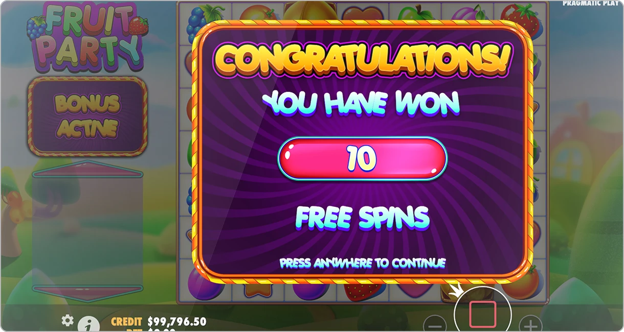 bonus free spins dans le jeu fruit party