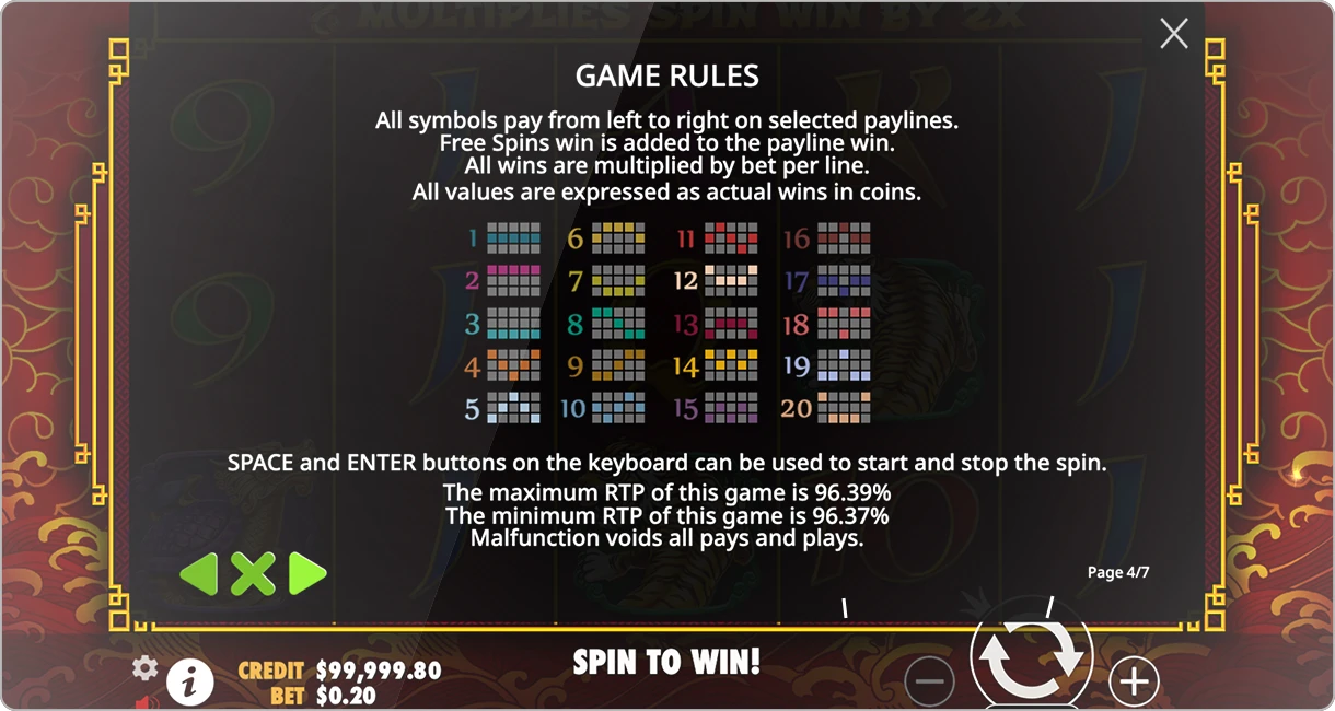 les différentes lignes de paiement sur 8 Dragons