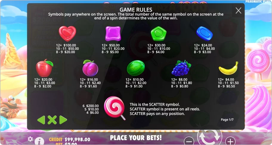 Les symboles sur la machine à sous Sweet Bonanza 1000