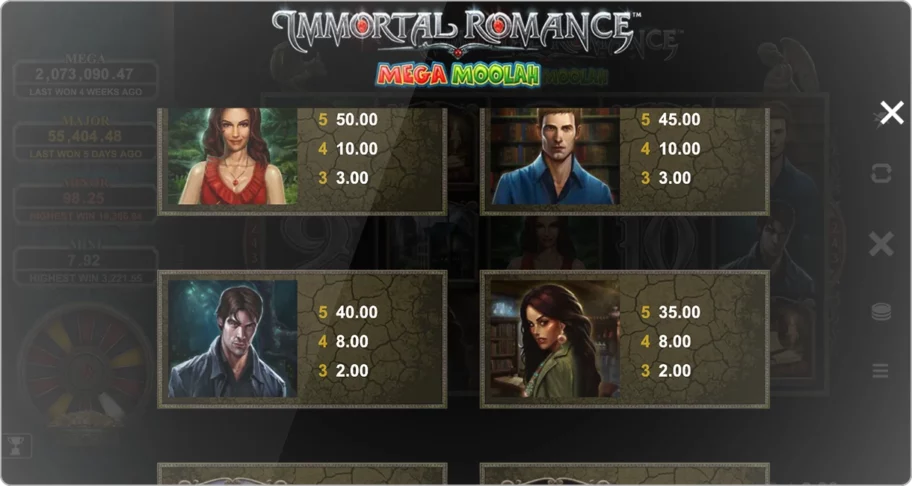 Les symboles et paiements  sur Immortal Romance Mega Moolah