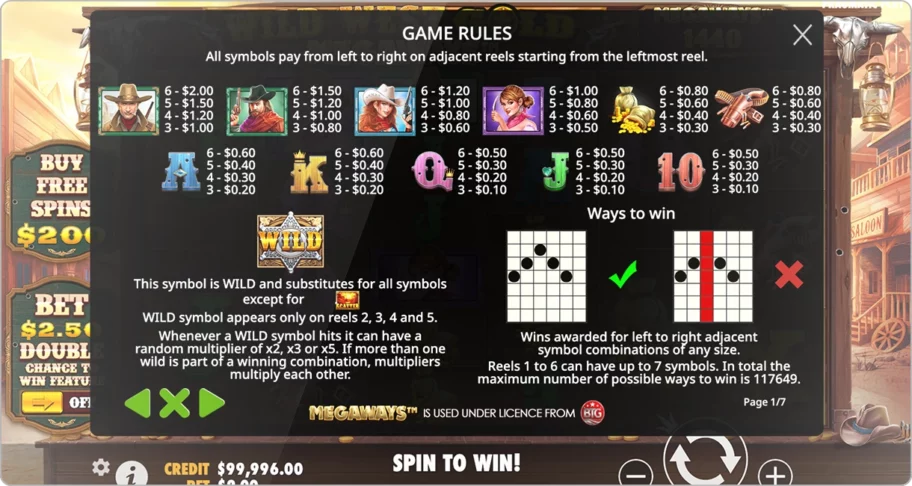 Les symboles et paiements de Wild West Gold Megaways