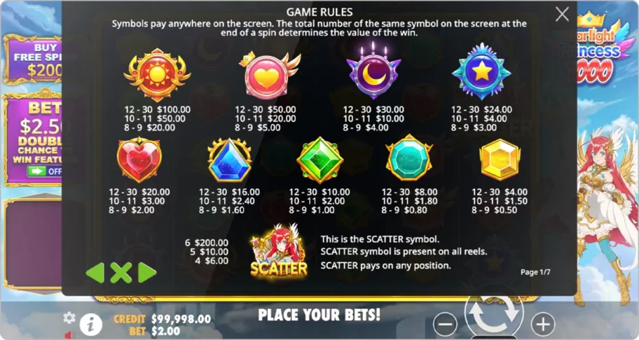 Les symboles et gains sur Starlight Princess 1000