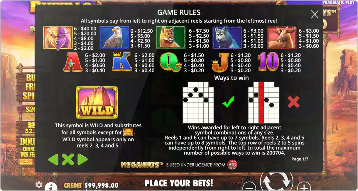 Les symboles et gains sur Buffalo King