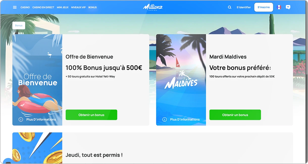 Image de la rubrique des bonus du casino Millionz