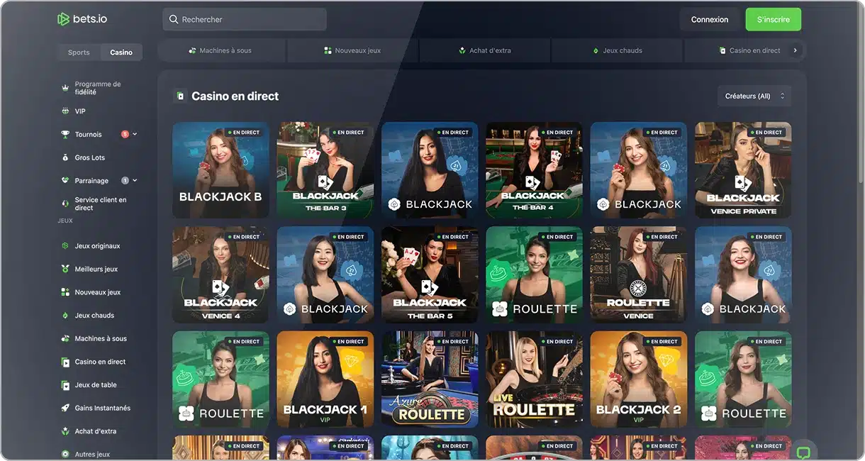 Image de la section casino en direct de Bets.io Casino