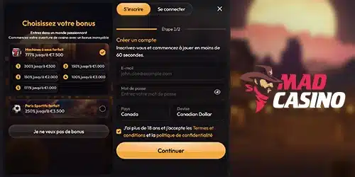 S'inscrire sur le casino Mad