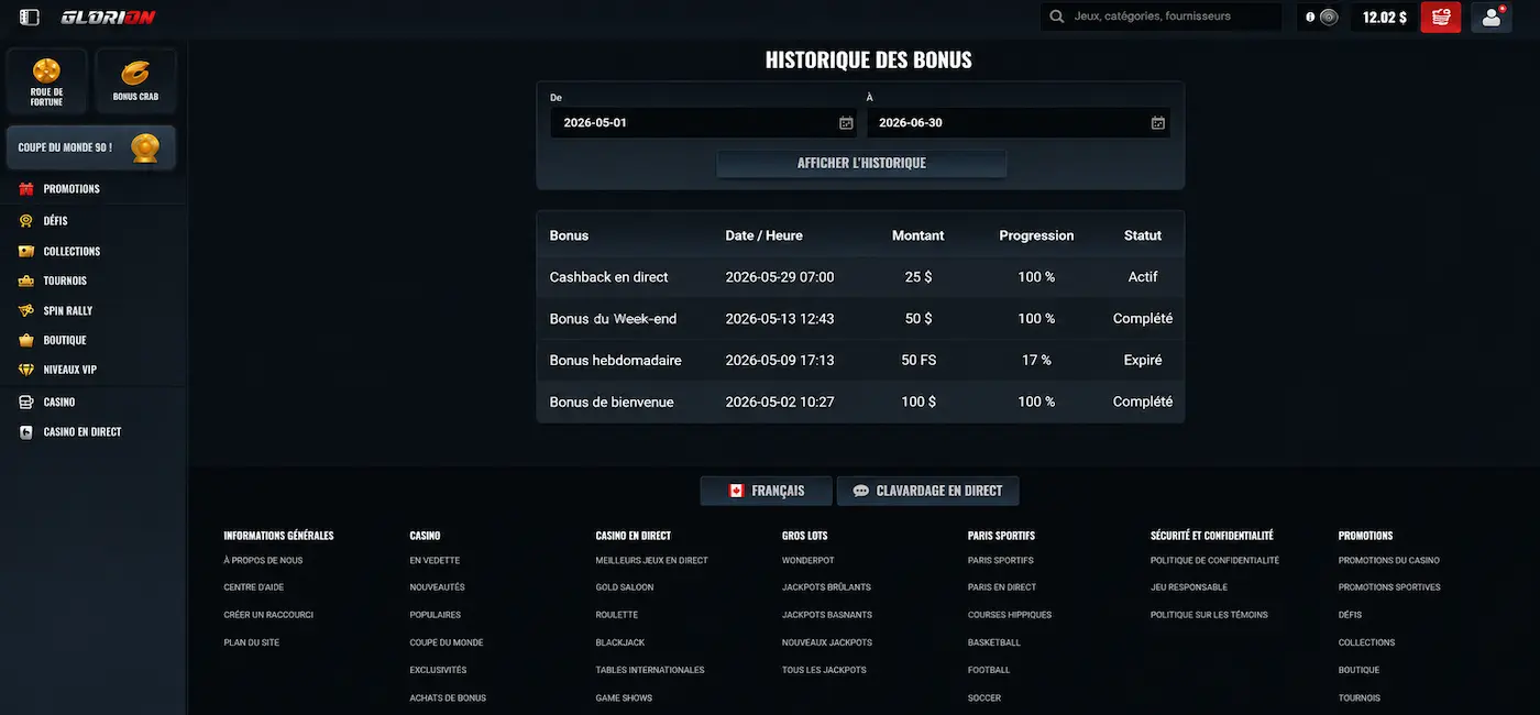 Bonus de rechargement de Glorion