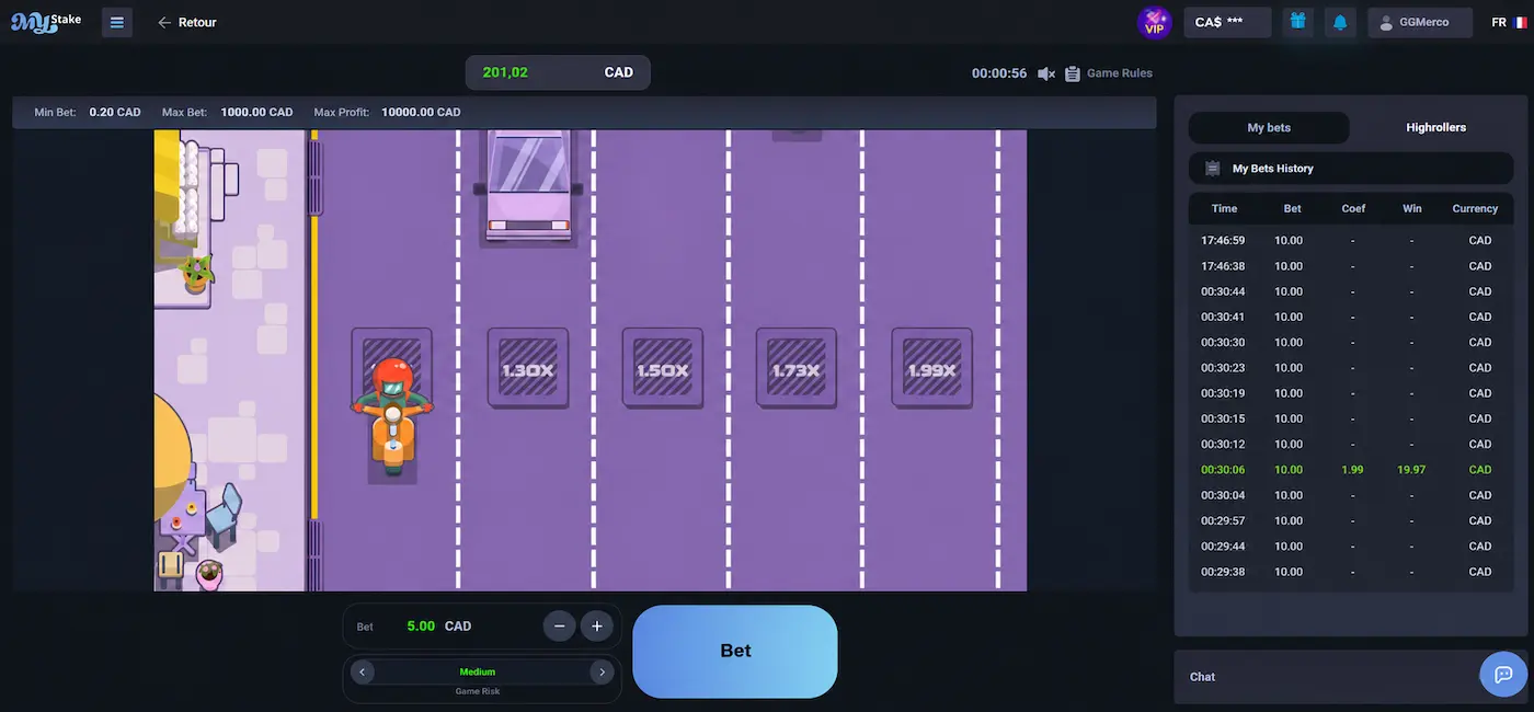 Interface du jeu Chicken Cross