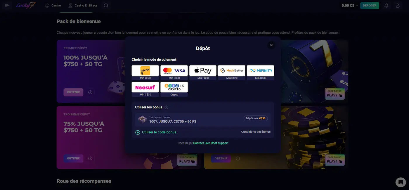 Bonus de bienvenue du casino Lucky7even