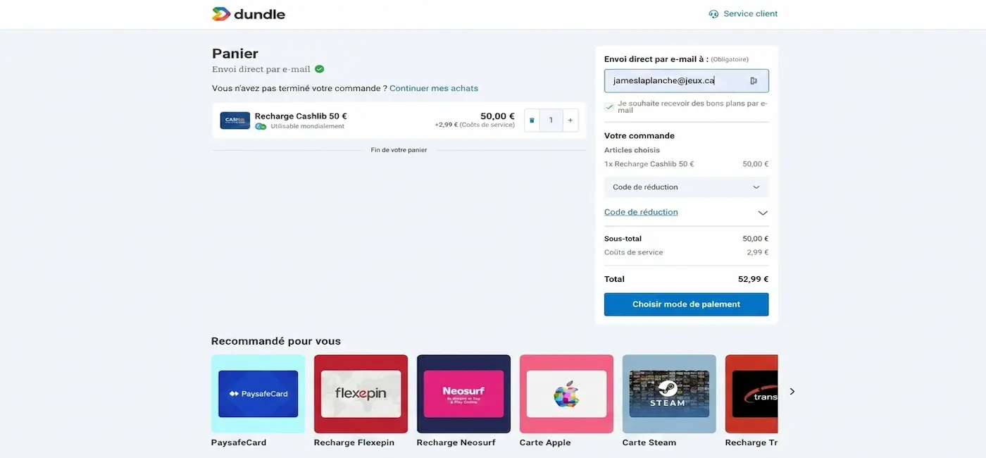 Achat d'un coupon Cashlib en ligne sur Dundle