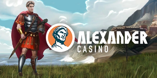 Alexander casino banner showing an ancient roman soldier wearing armour, carrying a sword on a mountain