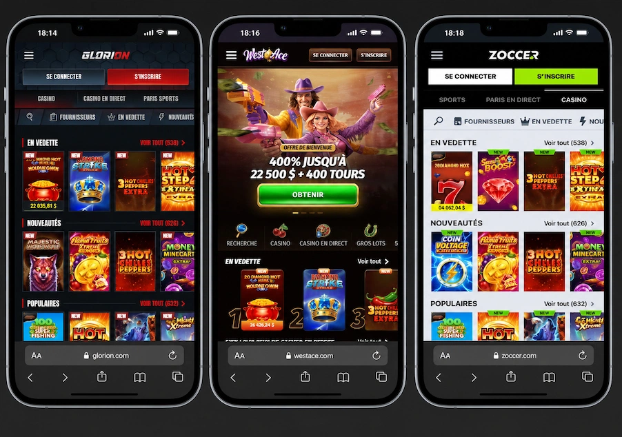 Comparatif des interfaces mobiles des casinos Glorion, WestAce et Zoccer
