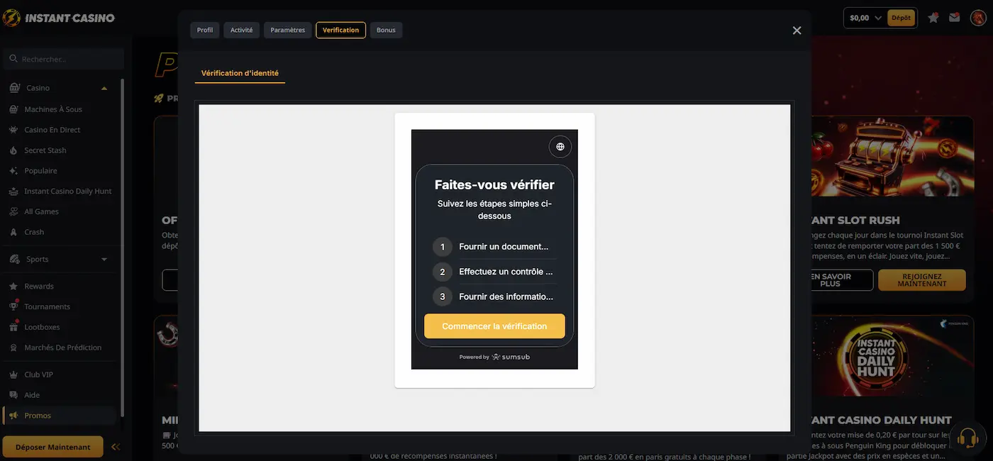 Page de vérification sur Instant Casino