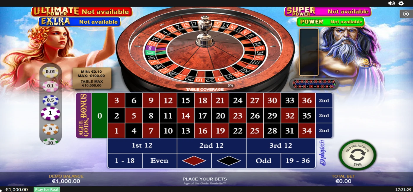 Table de roulette européenne Age of the Gods de Playtech en mode démo avec solde fictif de 1 000 €