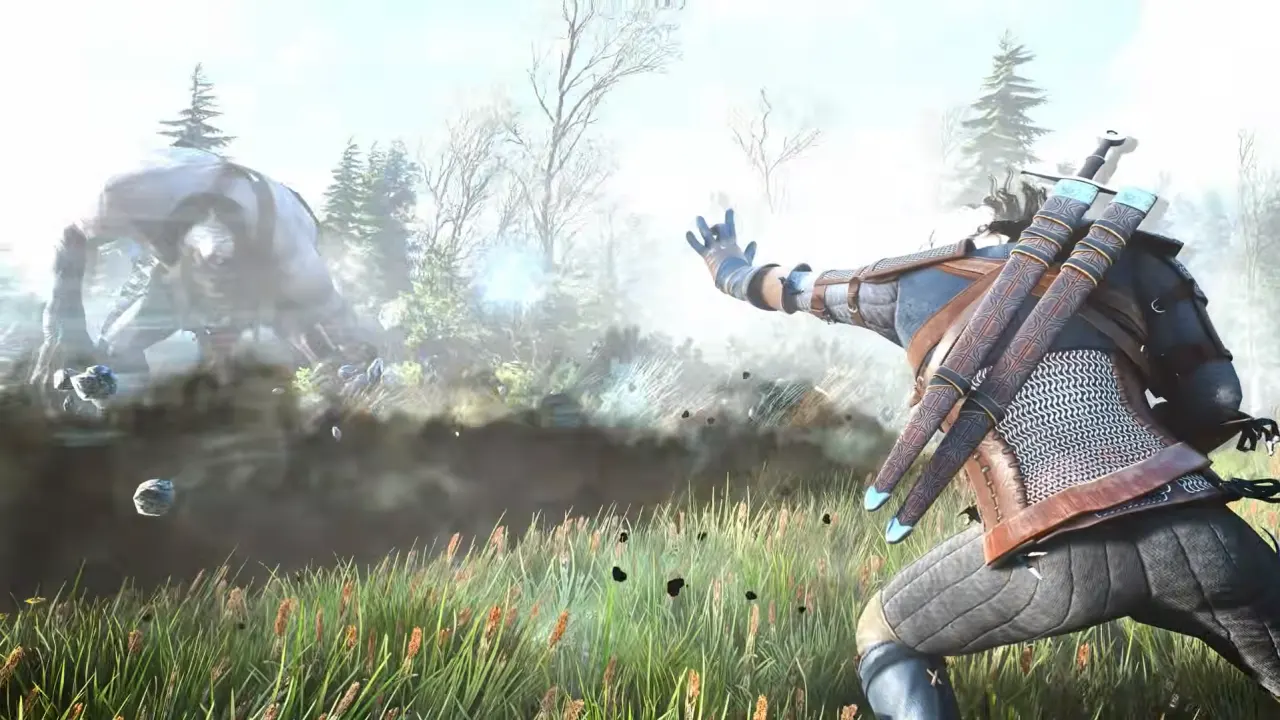 Geralt lance une attaque magique sur un ennemi