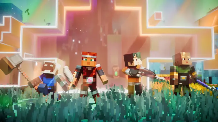 Quatre héros en coopération dans Minecraft Dungeons 2 multijoueur face à une horde de monstres