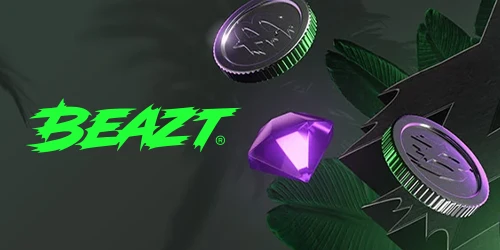 Bannière du casino Beazt avec logo vert néon sur fond jungle sombre, pièces de monnaie, diamant violet et rouleau de machine à sous lumineux