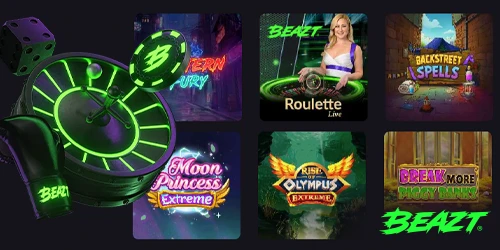 Sélection de jeux du casino Beazt : roulette néon verte, machines à sous Eastern Fury, Backstreet Spells et Moon Princess Extreme, et roulette en direct avec croupière