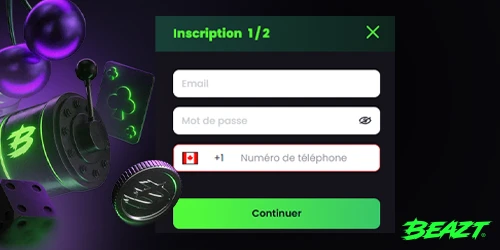 Formulaire d'inscription du casino Beazt avec champs courriel, mot de passe et numéro de téléphone canadien, sur fond noir avec éléments 3D vert néon et violet