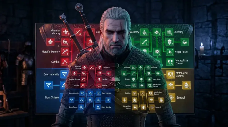 Geralt devant l'arbre de compétences de The Witcher 3 Remastered avec les branches combat, signes, alchimie et générale