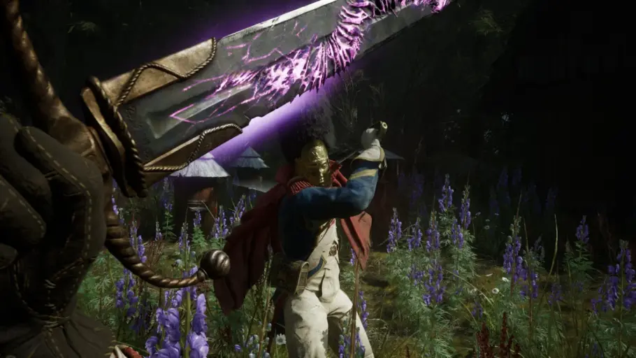 Combat en vue à la première personne dans Valor Mortis face à un soldat corrompu sur un champ de bataille.
