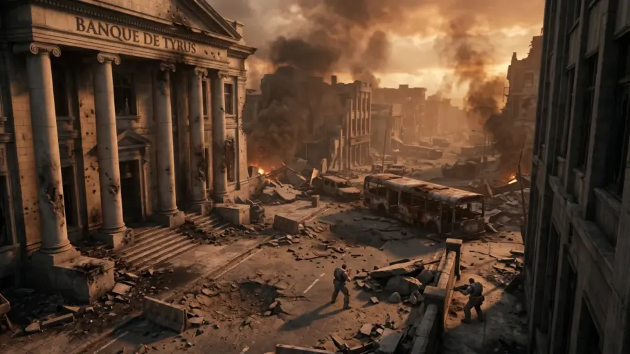 Marcus et Dom traversent une avenue détruite de Kalona, zone clé des collectibles de l'Acte 2 de Gears of War E-Day