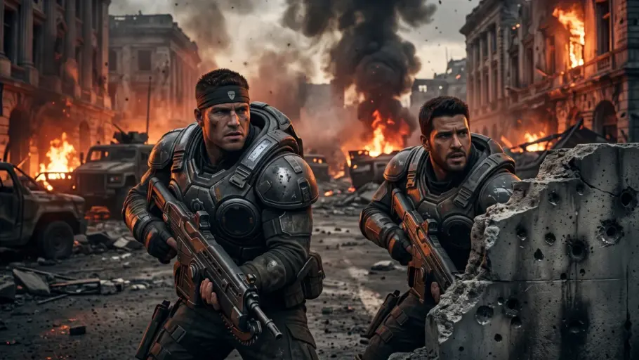 Marcus Fenix et Dom Santiago à couvert derrière un muret, dans une rue de Jacinto en flammes