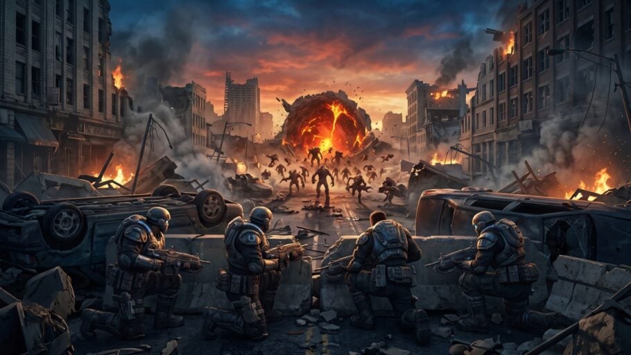Gears of War E-Day, quatre soldats de la CGU en armure, à couvert derrière une barricade dans une rue dévastée de Kalona, avec au loin un trou d'émergence d'où surgissent des Locustes.