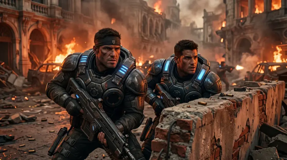 Marcus Fenix et Dom Santiago à couvert pendant l'invasion Locust dans Gears of War: E-Day