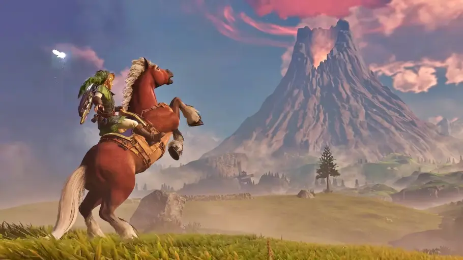 Link sur son cheval sur une colline d'Hyrule devant un Volcan en éruption.
