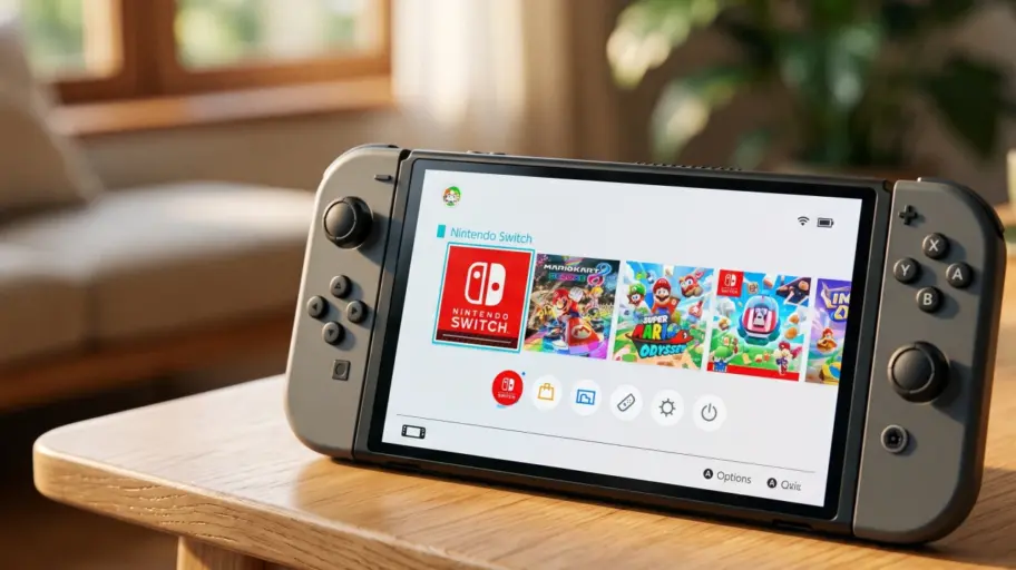 Switch 2 posée sur une table en mode portable, l'écran allumé sur un menu de jeu.