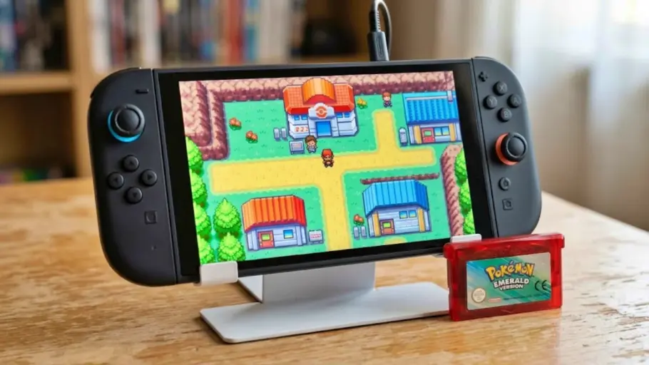 Nintendo Switch 2 en mode portable qui affiche une scène en pixel art de la région de Hoenn, avec une cartouche Game Boy Advance posée à côté.