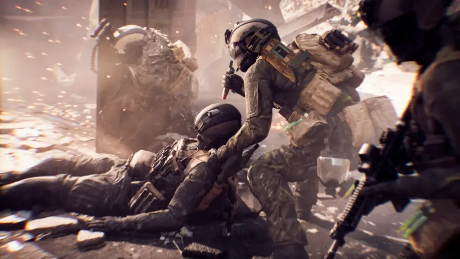 Soldat qui traine un camarade blessé sur le champ de bataille de Battlefield 6 sur Xbox