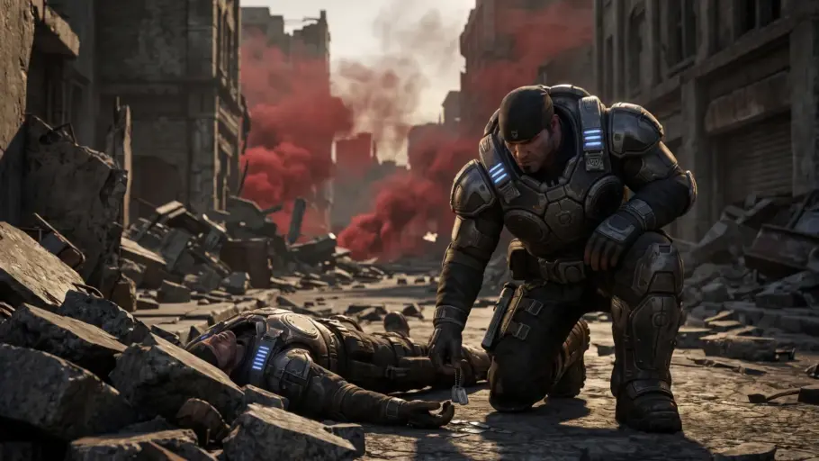 Marcus Fenix ramasse des plaques COG, l'un des collectibles de Gears of War E-Day, dans une rue détruite de Kalona